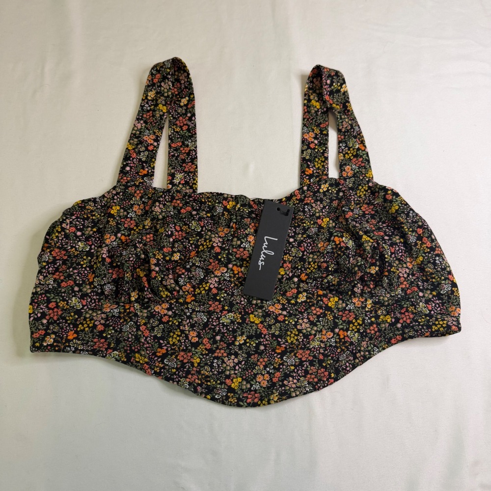 Lulus Floral Ditsy Corset Crop Top Black Multi Sleeveless XL NWT Bodycon Boho